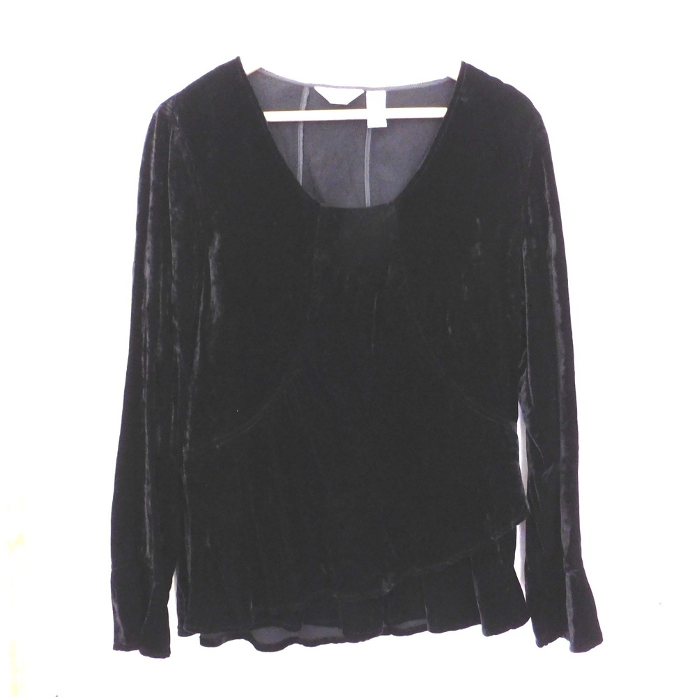 J. Jill Black Velvet Top Womens Large Tall Bell Sleeves V Neck Y2K Ruffle